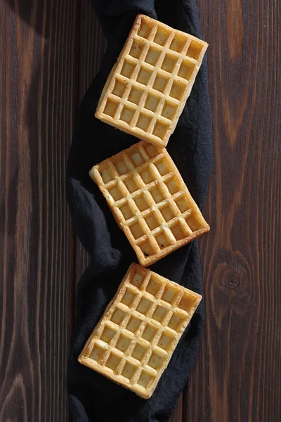 Freshly Baked Waffles Brown Wooden Table Top View — Stock Photo, Image