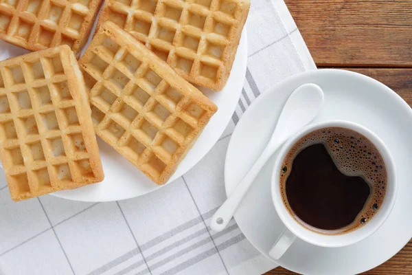 Waffles Cup Coffee Wooden Table Top View — Stock Photo, Image