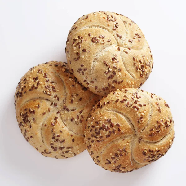 Loaves Small Bread Flax Seeds White Background Top View — Stock Photo, Image