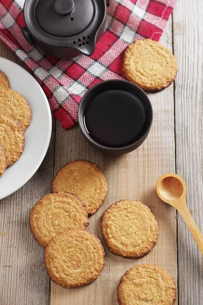 Galletas Avena Taza Sobre Fondo Madera Vista Superior — Foto de Stock