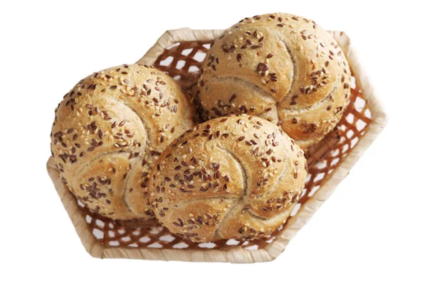 Bread Flax Seeds Wicker Bowl Isolated White Background Top View — Stock Photo, Image