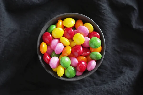 Colorful Sweet Candy Bowl Black Fabric Background Top View — Stockfoto