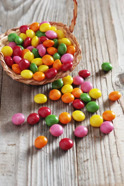 Colorful Sweet Candy Basket Wooden Background — Stockfoto