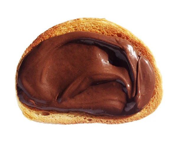 Geroosterd Brood Plak Met Chocolade Hazelnoot Crème Witte Achtergrond Bovenaanzicht — Stockfoto