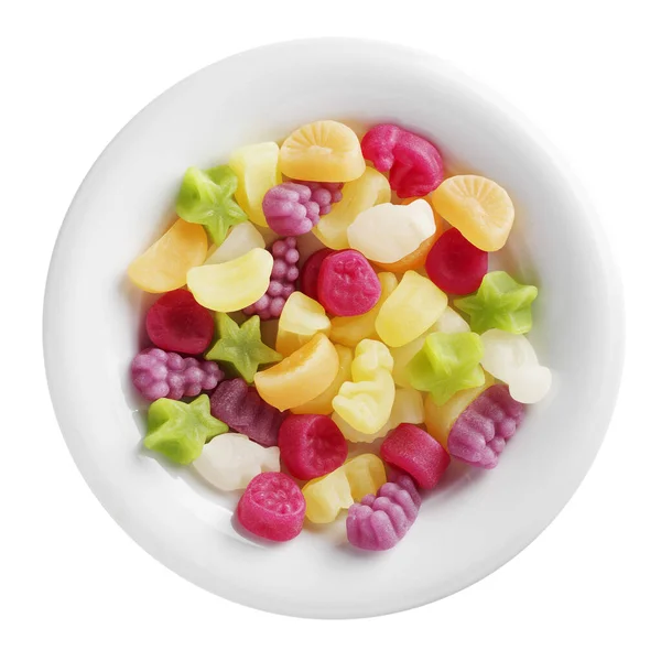 Diferentes Frutas Caramelos Gomosos Plato Aislado Sobre Fondo Blanco Vista — Foto de Stock
