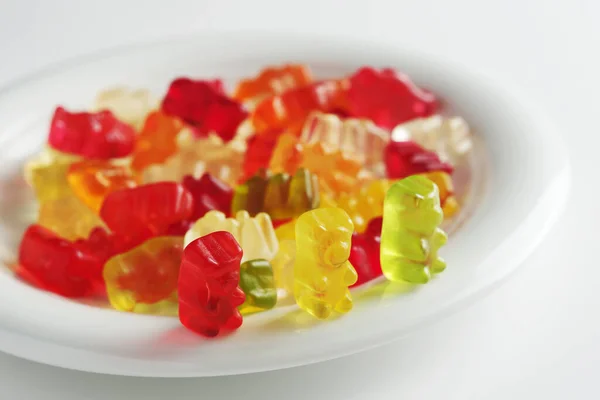 Multi Colored Chewing Candy Bears Plate White Background Close Stock Picture