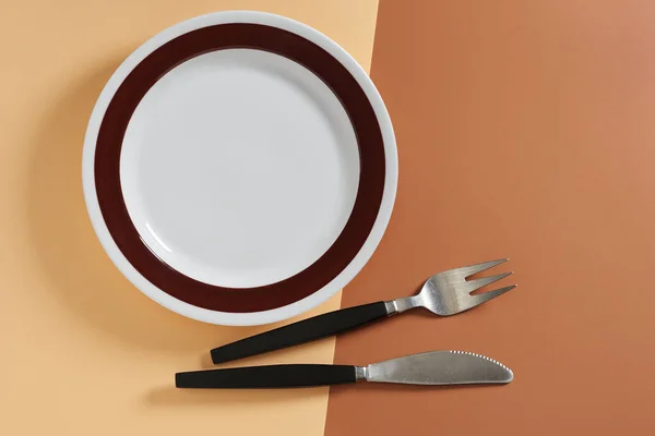 Empty Plate Cutlery Two Color Background Top View — Stock Photo, Image