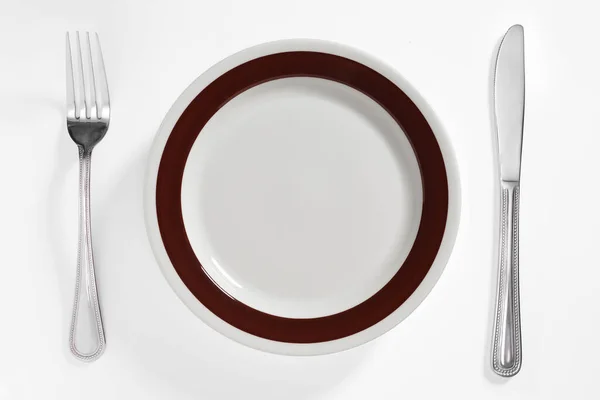 Empty Clean Plate Cutlery White Background Top View — Stock Photo, Image