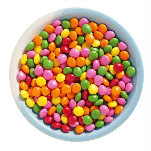 Színes Skittles Cukorka Lemez Elszigetelt Fehér Háttér Felső Nézet — Stock Fotó