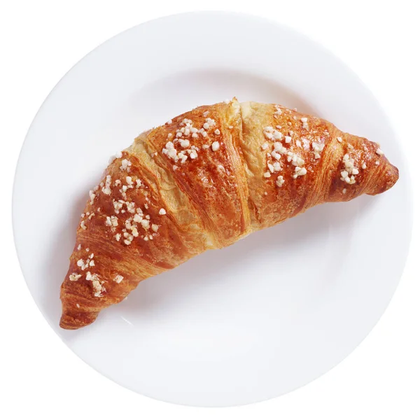 Croissant Platta Isolerad Vit Bakgrund Ovanifrån — Stockfoto