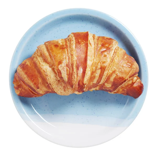 Croissant Egy Kék Lemez Elszigetelt Fehér Háttér Felső Nézet — Stock Fotó