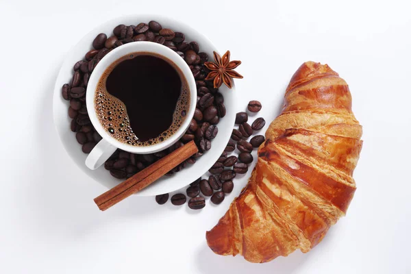 Tazza Caffè Croissant Sfondo Bianco Vista Dall Alto — Foto Stock