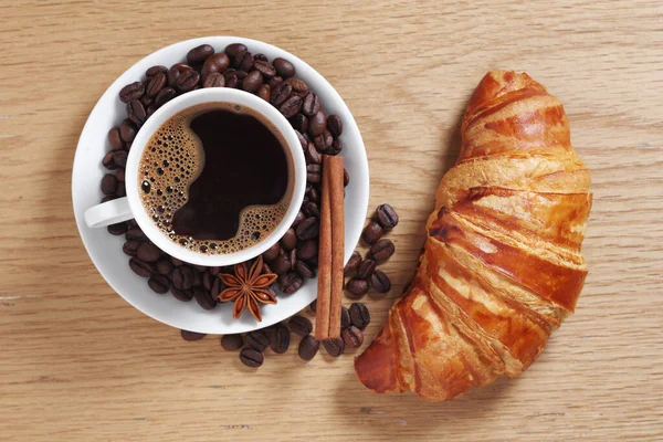 Cup Coffee Croissant Wooden Background Top View — Stock Photo, Image