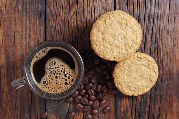 Biscoitos Aveia Xícara Café Fundo Madeira Velha Mesa Vista Superior — Fotografia de Stock