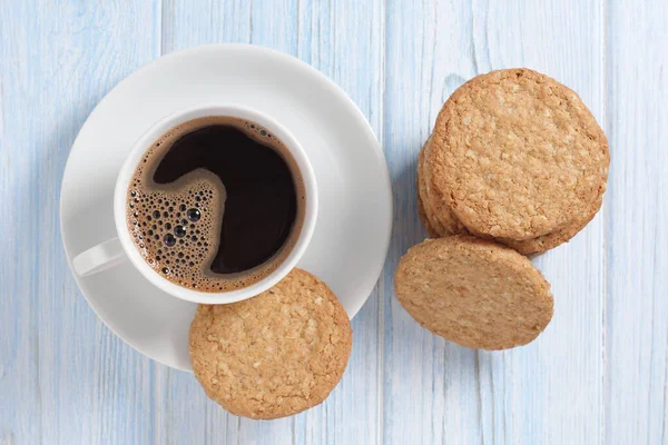 Oat Biscuit Cookies Cup Coffee Blue Wooden Background Table Top — Stockfoto