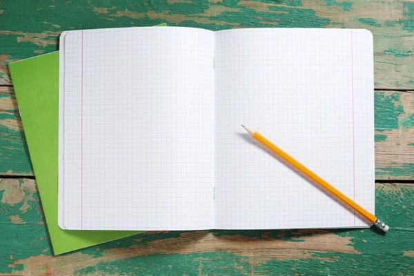 Opened School Notebook Pencil Old Green Wooden Table Top View — 图库照片