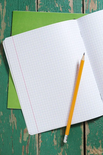 School Notebook Pencil Old Green Wooden Table Top View — 图库照片