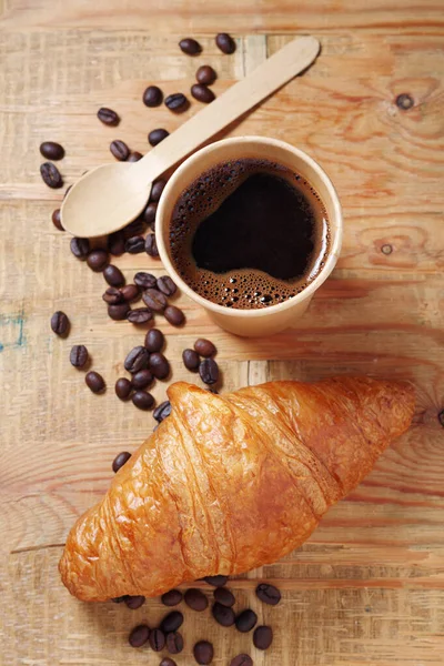 Paper Cup Coffee Croissant Old Wooden Background Top View — Stockfoto