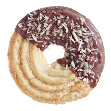 Biscuit with coconut and milk chocolate isolated on white background close-up