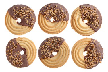 Shortbread with almonds and milk chocolate isolated on white background, top view