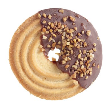 Biscuit with almonds and milk chocolate isolated on white background close-up