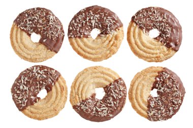 Cookies with coconut and milk chocolate isolated on white background, top view