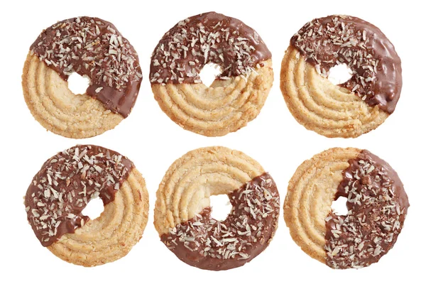 Cookies with coconut and milk chocolate isolated on white background, top view