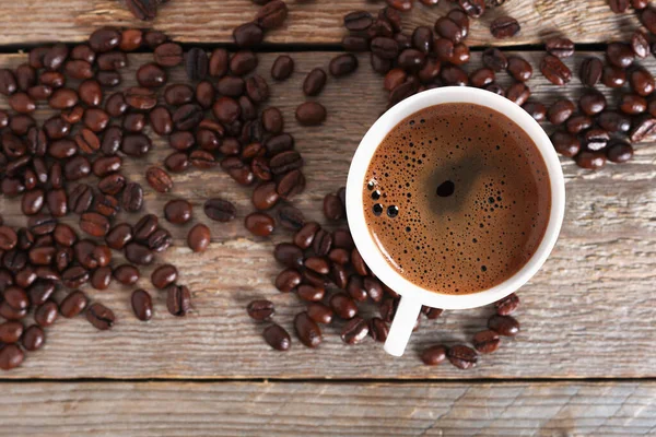 Tasse Heißen Kaffee Auf Hölzernem Hintergrund Nahaufnahme Draufsicht — Stockfoto