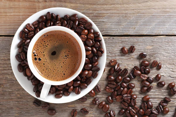 Kopje Koffie Houten Achtergrond Close Bovenaanzicht — Stockfoto