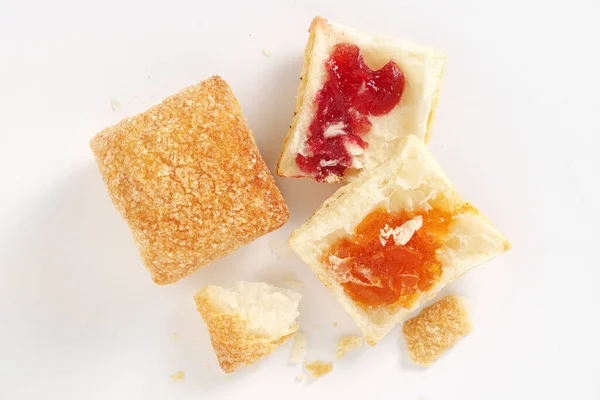 Puff Pastry Cookies Jam Whole Broken White Background Top View — ストック写真