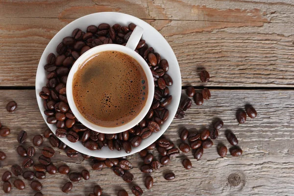 Tasse Frischen Kaffee Auf Holzhintergrund Nahaufnahme Draufsicht — Stockfoto
