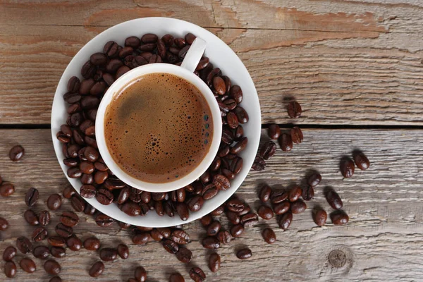 Cup Fresh Coffee Wooden Background Close Top View — Stock Photo, Image