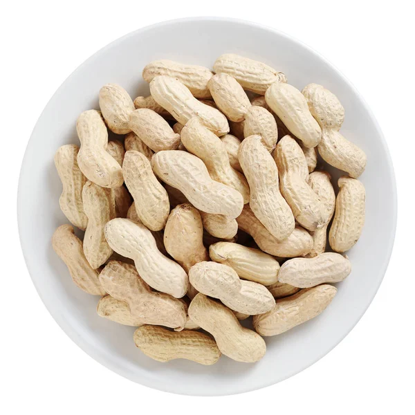 Ungeschälte Erdnüsse Auf Einem Teller Isoliert Auf Weißem Hintergrund Draufsicht — Stockfoto
