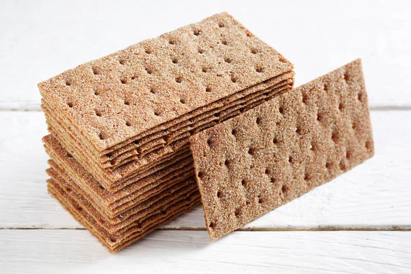 Stack Rye Crispy Bread White Wooden Background — Stock Photo, Image