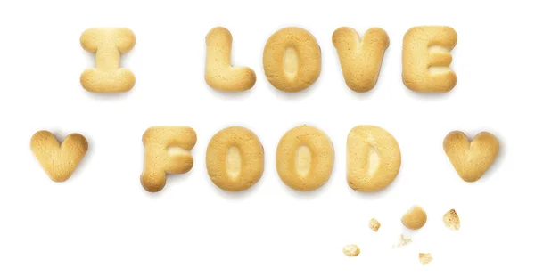 Sentence "I LOVE FOOD", faite de cookies, isolé sur fond blanc — Photo
