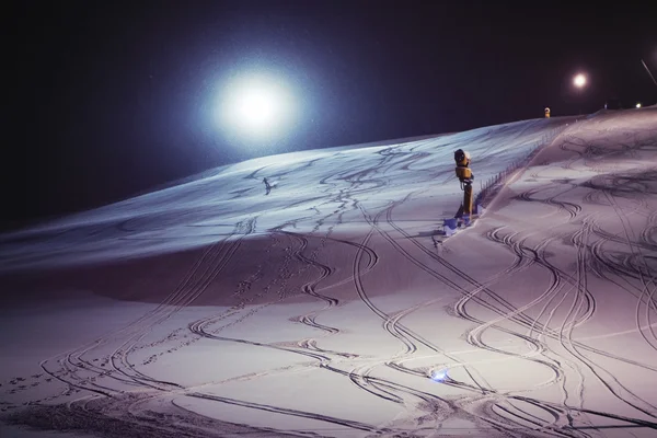 Night skiing on a snowy night — Stock Photo, Image