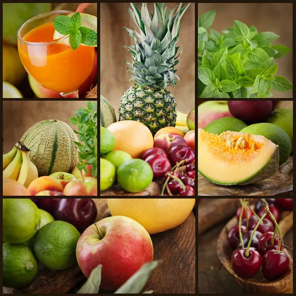 Collage de frutas y jugos frescos —  Fotos de Stock