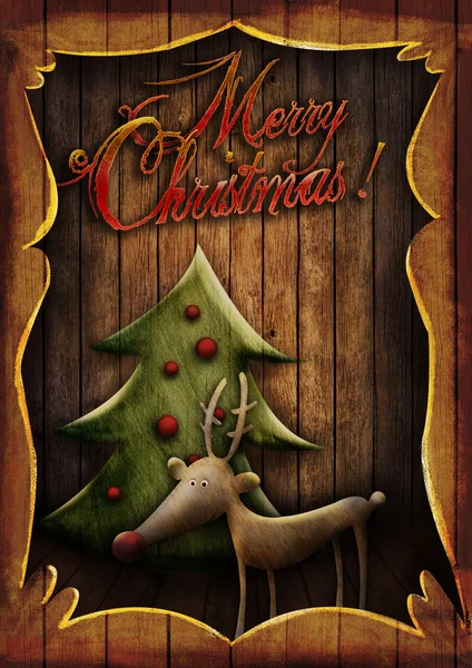 Christmas card - Rudolph with tree in wooden frame — Stock Photo, Image