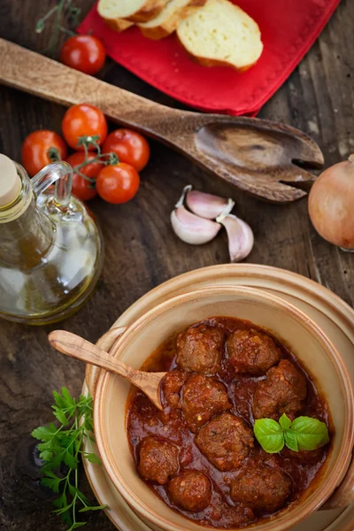 Italian cooking - meat balls with basil — Stock Photo, Image