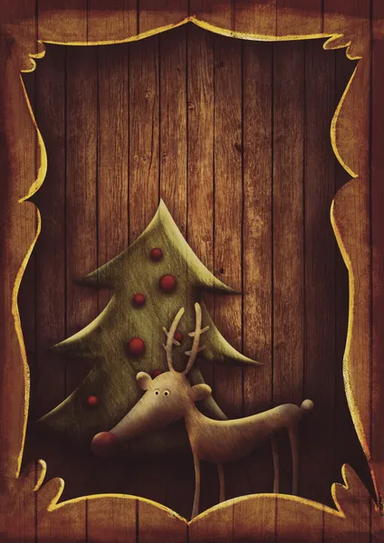 Noel kartı - rudolph ile ağacından ahşap çerçeve — Stok fotoğraf