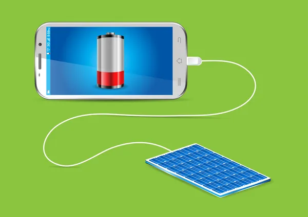 Carga de un teléfono móvil con un banco de energía solar - vector illustra — Vector de stock