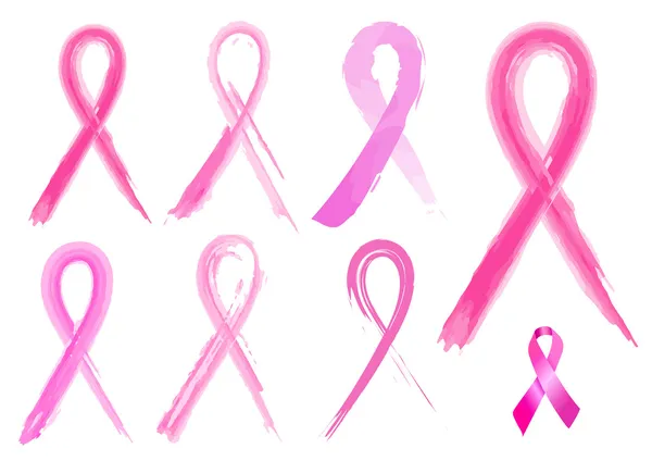 7 různých prsu Rakovina stuhy v tahy štětce — Stockový vektor
