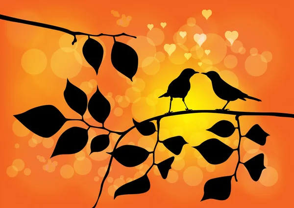 Liefde vogels op een boom met zonsondergang op achtergrond - vector illustra — Stockvector