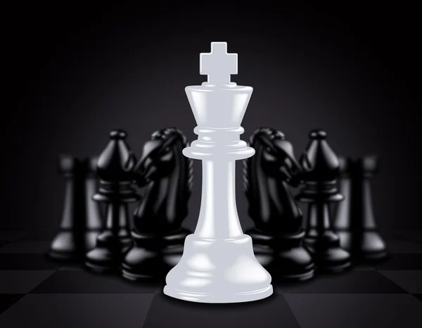 Weißer König hebt sich von schwarzen Schachfiguren ab — Stockfoto