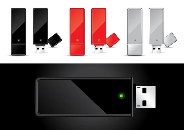 USB-disk i svart, rött och silver - vektor illustration — Stock vektor