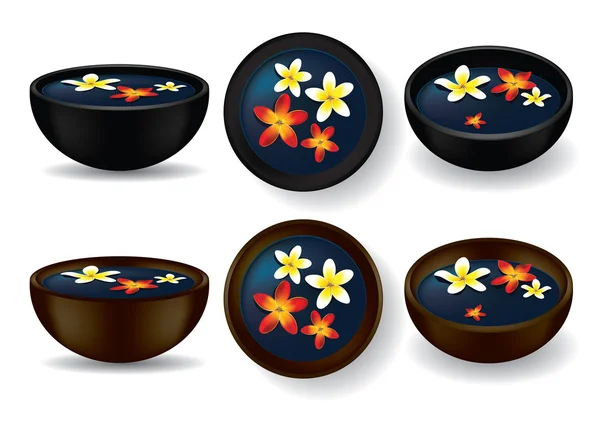 Taças de spa com flores de frangipani - Ilustração vetorial — Vetor de Stock