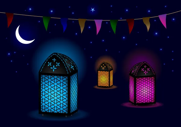 Hermosas lámparas islámicas con media luna y estrellas - Vector Illustr — Archivo Imágenes Vectoriales
