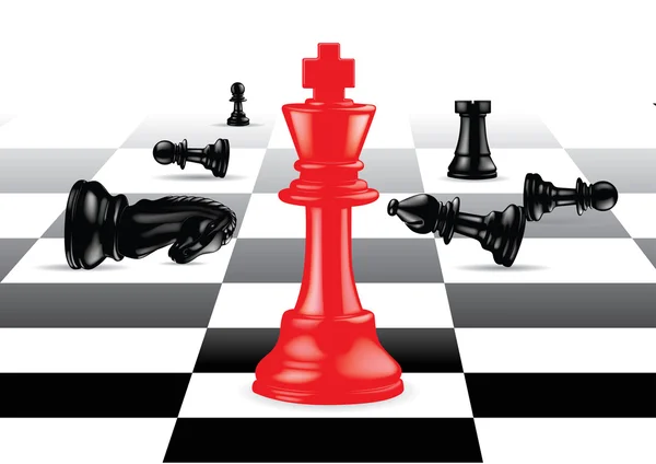 Červený král vystupovat proti černým šachové figurky — Stockový vektor