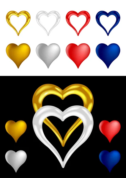 Diferentes formas metálicas del corazón de colores - Ilustraciones vectoriales — Archivo Imágenes Vectoriales