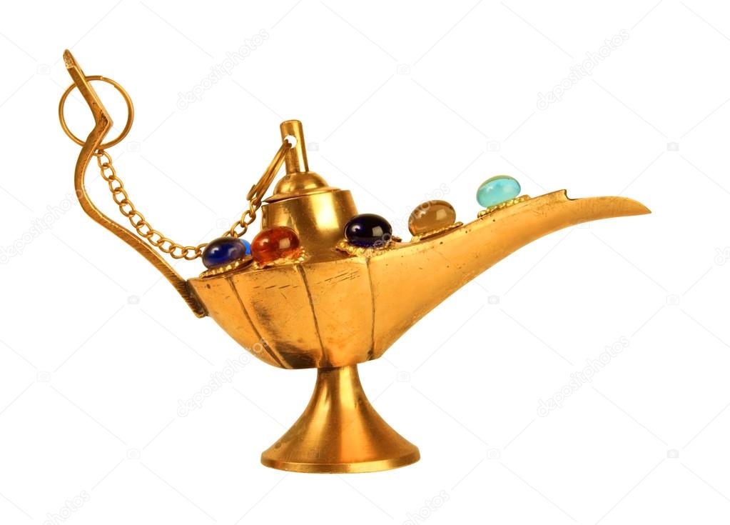 Aladdin's magic lamp with pearls isolated on white